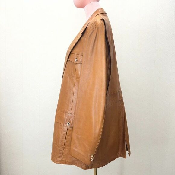 Vintage Breier of Amsterdam Camel Brown Leather Two Button Blazer Coat Mens XL - Picture 2 of 16